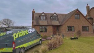 pristine cleaning cheshire window cleaning, our van at a house about to clean windows